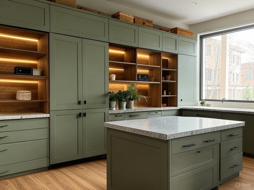 Olive Grain – Textured Island Kitchen with Open Cabinets