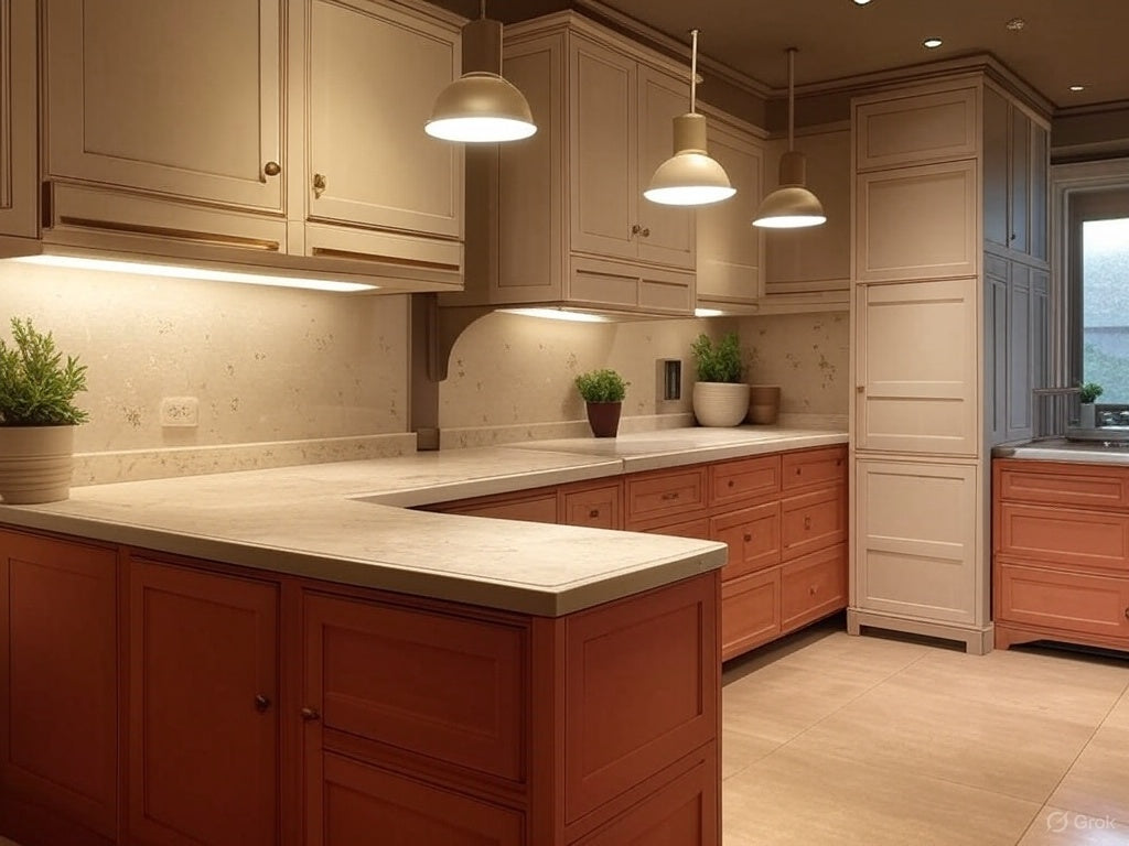 Terracotta Harmony – L-Shaped Kitchen with Brass Highlights