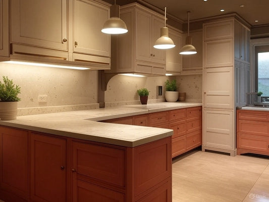 Terracotta Harmony – L-Shaped Kitchen with Brass Highlights
