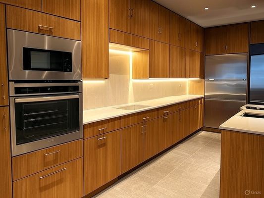 Royal Walnut – L-Shape in Deep Woodgrain with Gold Accents