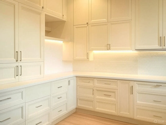 Ivory Modern – L-Shape with Tall Pantry and Lighting