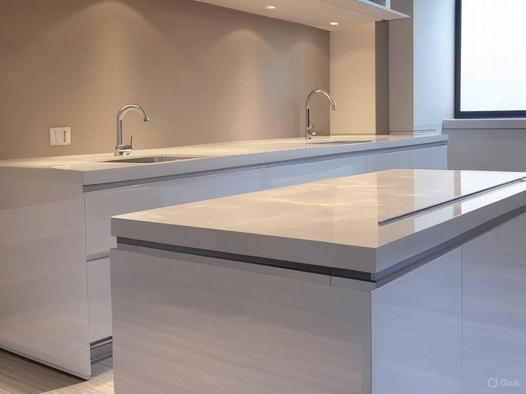 Frosted Elegance – Island Kitchen in High Gloss White