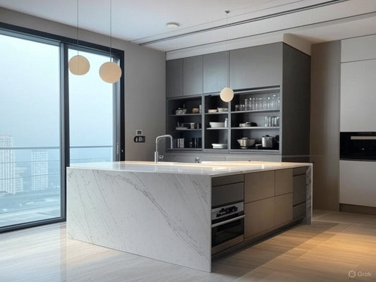 Marble Majesty – Island Kitchen with Waterfall Counter