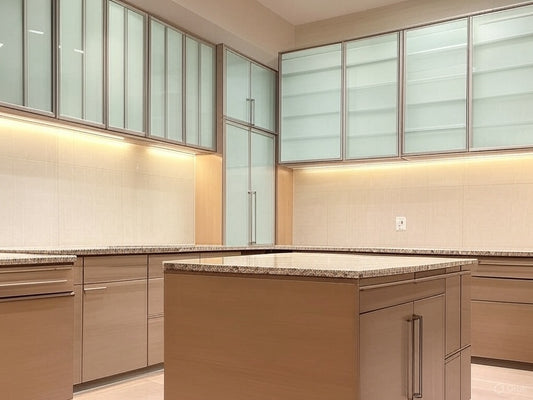 Mocha Frost – Dual-Tone Kitchen with Glass Overheads